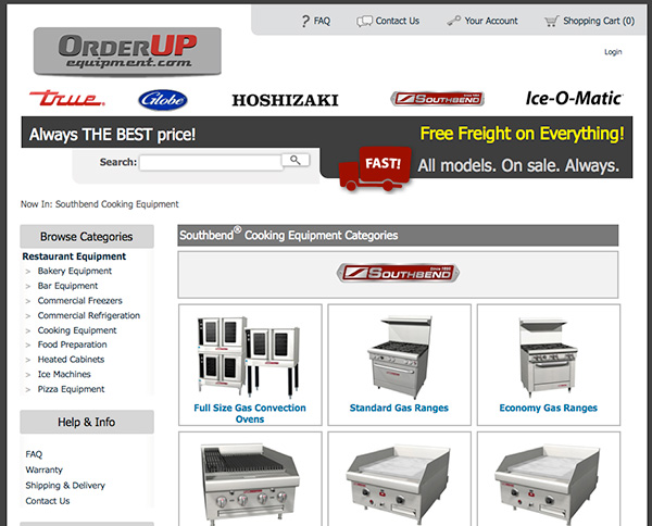 website design for OrderUp Equipment - communicating low-price positioning